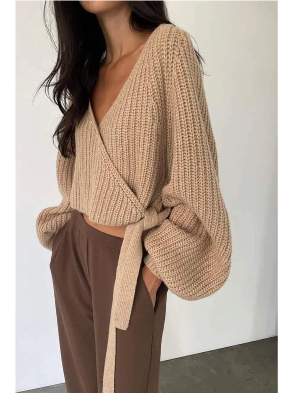 Oak + Fort Surplice Wrap with waist tie and blousson sleeve knit